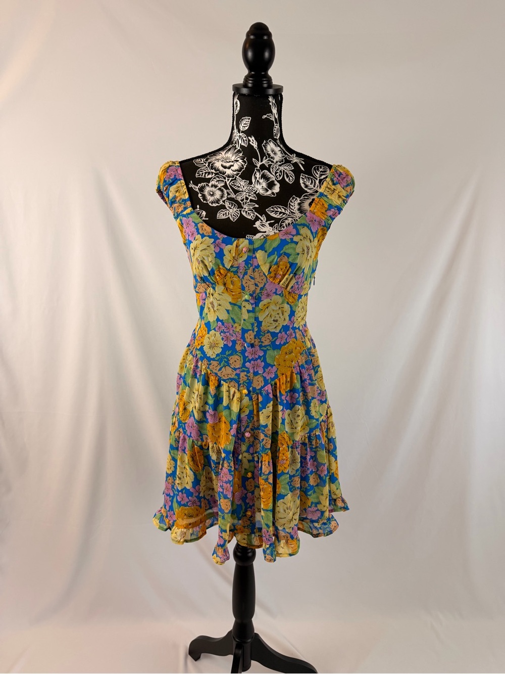 Floral Scoop Neck Blue & Yellow Summer Dress